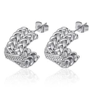 Silver stainless steel C-shaped earrings with woven chain design and crystal stones