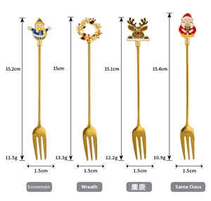 Golden Christmas dessert forks set with snowman and santa claus toppers size details
