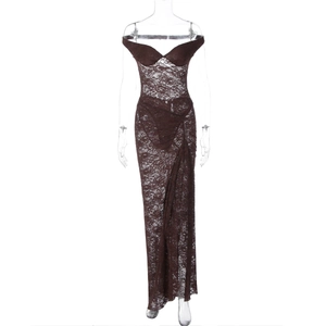 Detailed view of the dark brown lace maxi dress featuring an off-shoulder neckline and side slit