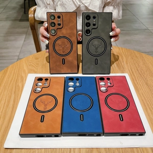 Detailed view of leather texture phone cases with deer head magnetic design in five colors