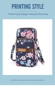 Detail of floral nylon crossbody bag featuring multi-layer zippers and a Smile Way tag