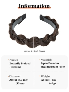 Detailed specs of the 1.1 inch wide dark brown braided headband with size dimensions