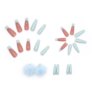 Blue and pink long ballerina press-on nails with rhinestones and cute fuzzy pom-poms