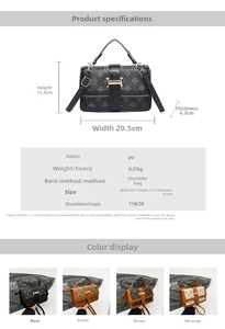Detailed spec sheet showing PU leather crossbody bag dimensions and H-buckle features