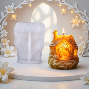 DIY tree house candle silicone mold with finished forest cabin candle on white base