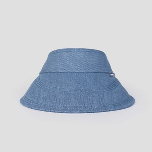 Detailed view of a blue woven sun visor with a wide brim and breathable denim texture