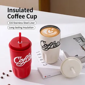 Tazza da caffè termica in acciaio inox 316 con cannuccia e coperchio rossa e crema