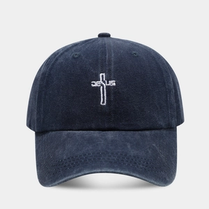 Vintage dark blue washed denim baseball cap with white cross and Jesus embroidery