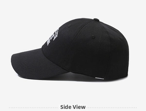 Side view of black cotton baseball cap featuring white Brooklyn letter embroidery