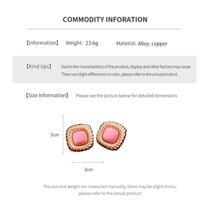 Detailed size and material specs for pink square vintage earrings in alloy and copper