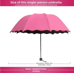 Detail view of 93cm pink umbrella with lotus wave edge and black vinyl coating layer
