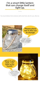 Solar crackle glass mason jar with hemp rope handle showing day and night light effect