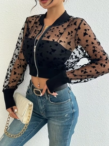 Women's black mesh jacket with butterfly embroidery, zip-up sheer outerwear style
