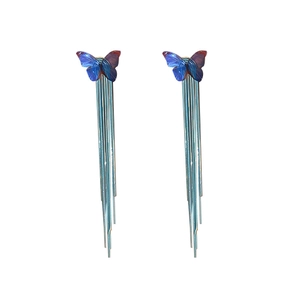 Long butterfly tassel earrings with blue gradient wings and delicate metal hanging chains