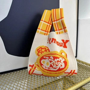 Chic knit handbag with yellow bear and Yummy text pattern for casual daily use