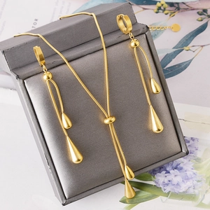 Elegant gold-tone stainless steel jewelry set featuring water drop pendants and adjustable necklace