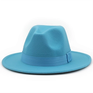 Sky blue wool felt fedora hat with a wide brim and matching grosgrain ribbon band