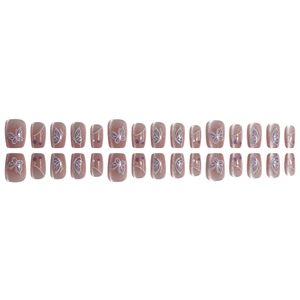 Faux ongles œil de chat roses avec motifs papillon et étoiles forme carrée courte