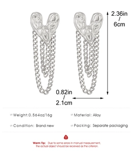 Detailed view of silver heart stud earrings with triple hanging chains and size dimensions