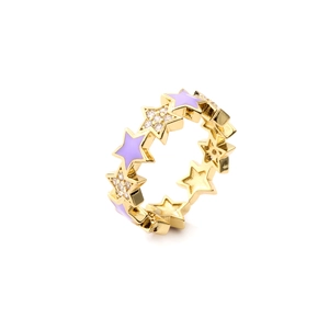 Adjustable gold star ring with lavender enamel and cubic zirconia accents in a 45-degree view