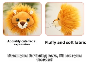 Detailed views of a plush lion toy with golden eyes and soft orange faux fur fabric