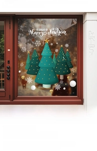 Close-up of festive Christmas tree window clings with 2026 Happy New Year snowflakes