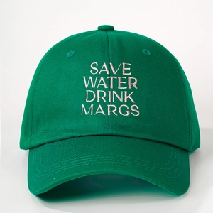 Dark green cotton baseball cap with pink SAVE WATER DRINK MARGS embroidery