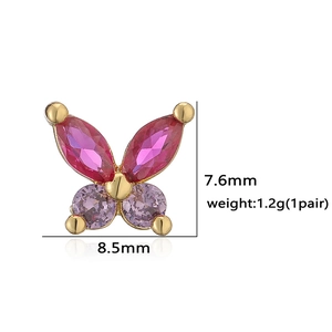 Detailed butterfly stud earring with pink and purple crystals, size 8.5mm x 7.6mm
