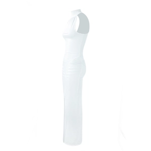 Detail view of white bodycon dress with side ruched texture and high neck design
