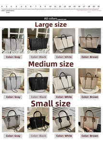 Size and color comparison chart for bucket tote bags in gray, black, white, and brown
