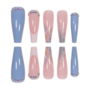 Blue and pink French long coffin press-on nails with rhinestones and silver glitter lines