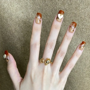 Press On Nails Glossy Red Brown Nude With White Heart And Gold Glitter Luxury Short French Fake Nails For Women