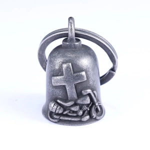 Guardian cross motorcycle bell pendant in vintage stainless steel with rider relief