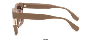 Side view of rectangle sunglasses featuring matte tan frames and gold metal hinge accents