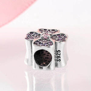 Sparkling S925 sterling silver four-leaf clover charm with pink and purple zirconia beads