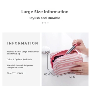 Détails de la trousse de maquillage rose rayée en polyester imperméable avec dimensions
