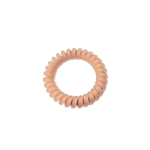 Detail view of pink spiral telephone wire hair tie with elastic material texture