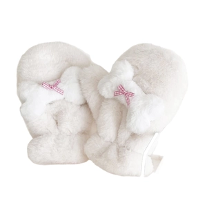 Pantofole di peluche bianco con fiocco a scacchi rosa per ragazze in casa