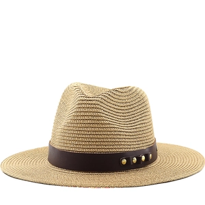 Chapeau Fedora En Paille Tissée Avec Bande En Similicuir Rivet Métallique Protection Solaire Respirant Bord Large Rétro Unisexe