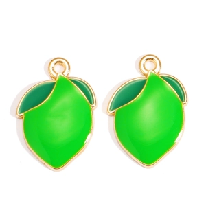 Pair of green enamel lime fruit pendants with gold edges for DIY jewelry making