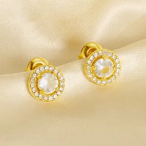Runde Zirkonia Ohrstecker 18K Vergoldet Titanstahl Funkelndes Halo Geometrischer Schmuck Für Damen