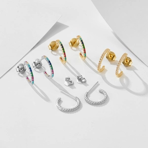 S925 sterling silver C-shaped hoop earrings with colorful zircon and gold plating