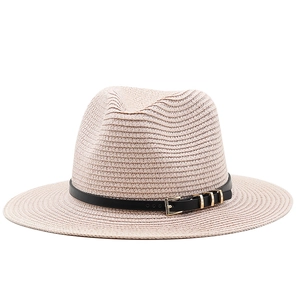 Close-up of beige straw fedora with black leather band and three gold buckle accents