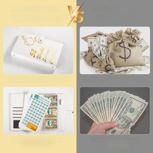52-Week Savings Challenge binder in white leather with clear cash envelopes and tracker