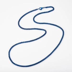 Macro detail of a bright blue stainless steel wheat chain with a secure lobster clasp
