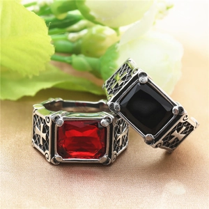 Gothic punk titanium steel cross ring with vintage silver finish and red or black gemstones