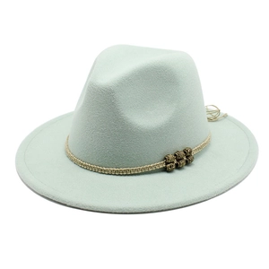 Detailed texture of mint green wool fedora hat with a woven cord and gold metal bead