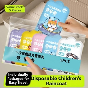 Detail of colorful disposable kids raincoats in a 5-pack with various cute cartoon designs