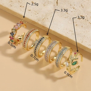 Zircon rings in 14K gold plated copper with leaf and colorful gemstone cluster designs