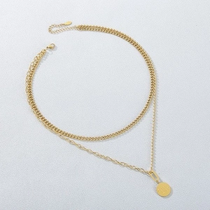 Ensemble collier double rang en acier titane doré avec chaîne cubaine et pendentif rond